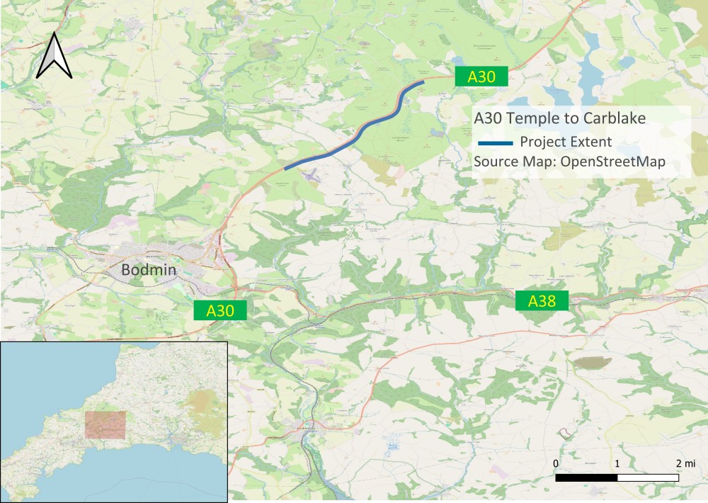 A30 Temple to Higher Carblake location map