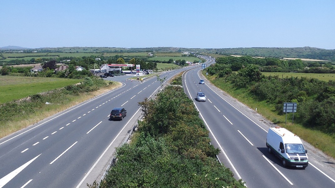 View west from Cardinham junction to Preeze Cross. Verge planting is establishing although gorse encroachment is widespread. Source: site visit June 2023