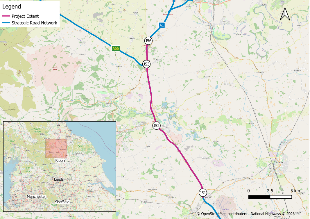 A1 Leeming to Barton location map